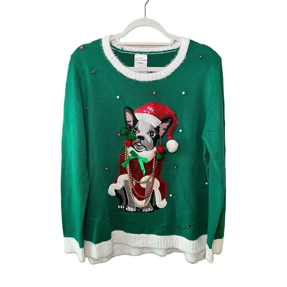 Jane Street Womens Ugly Sweater Santa Frenchie Pearl Accent Green Sz Large‎ NWOT